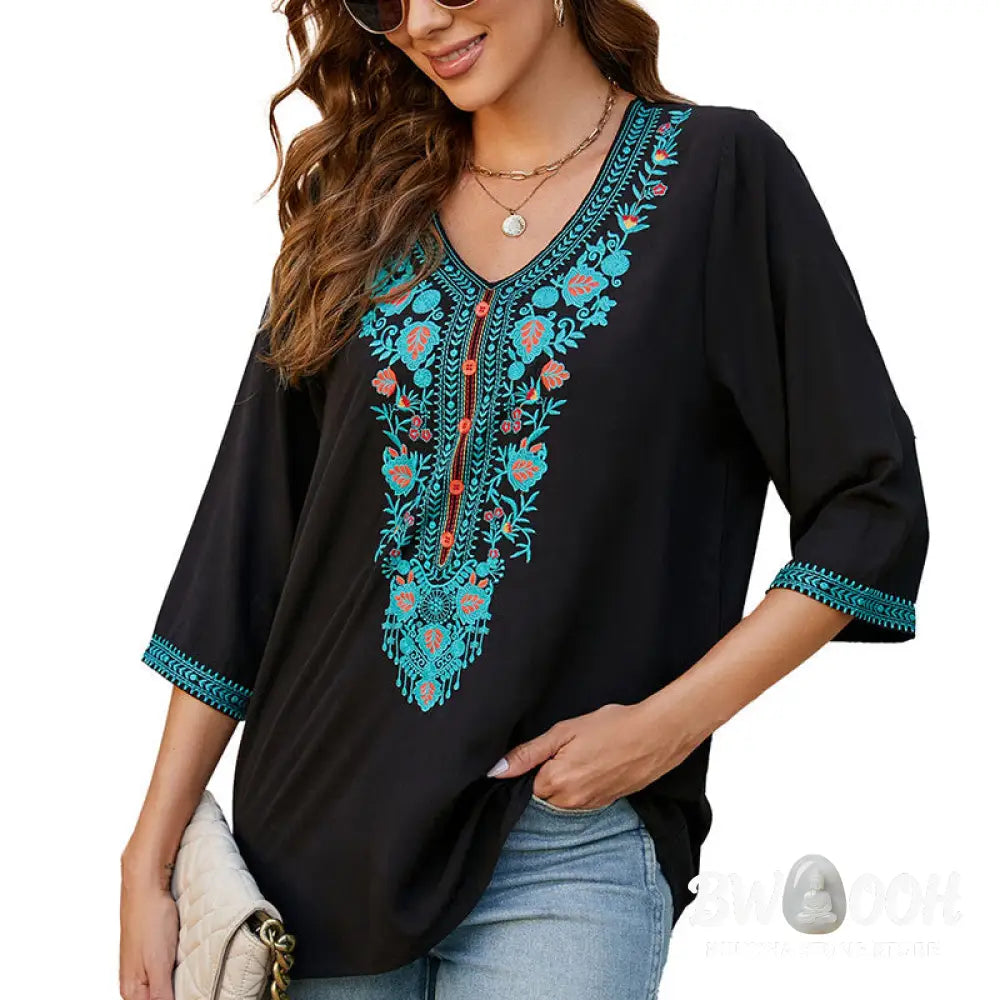 Buddha Stones Summer Casual Embroidery Flower Leaf Half Sleeve V-neck Cotton Women’s T-Shirt - Women’s T-Shirt