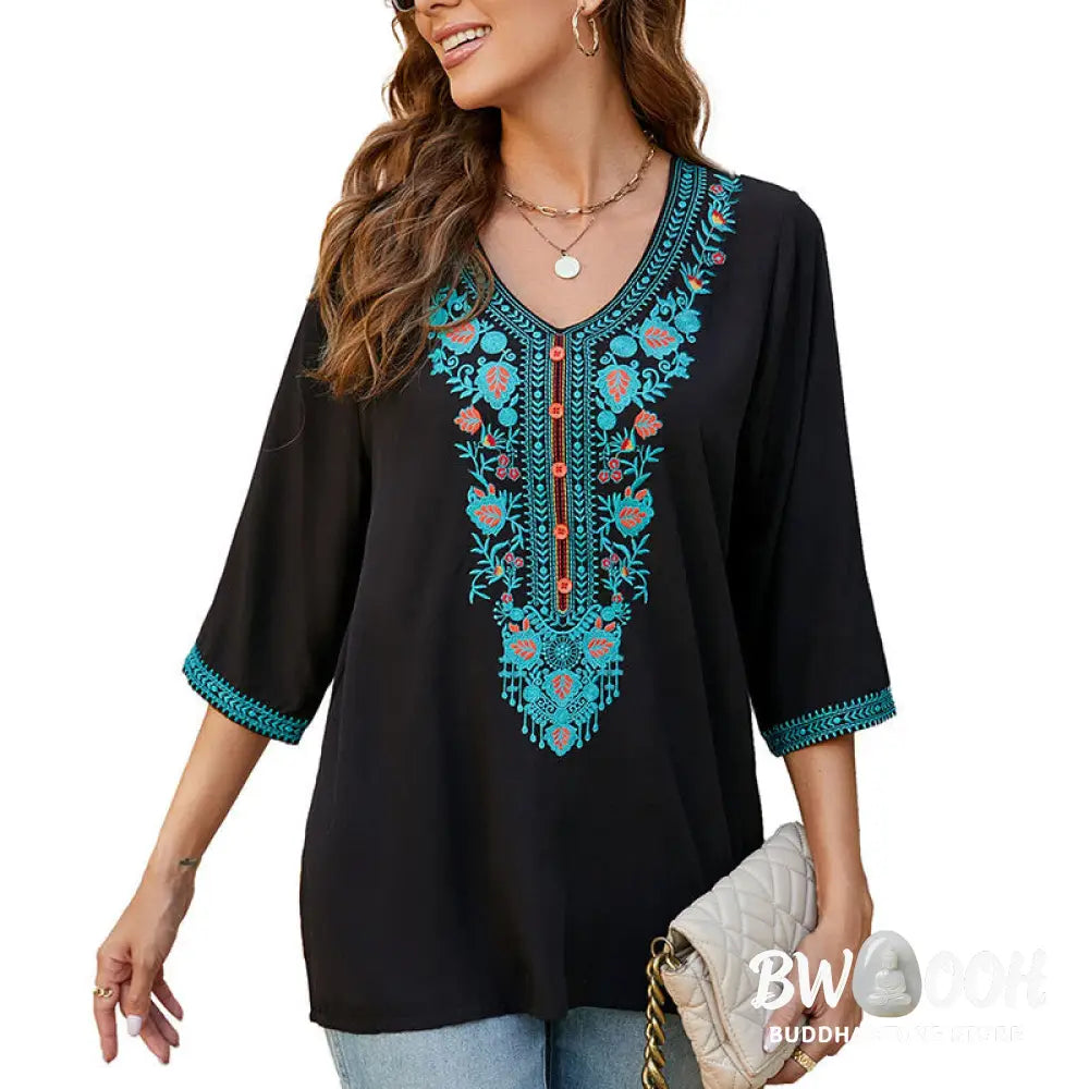 Buddha Stones Summer Casual Embroidery Flower Leaf Half Sleeve V-neck Cotton Women’s T-Shirt - Women’s T-Shirt