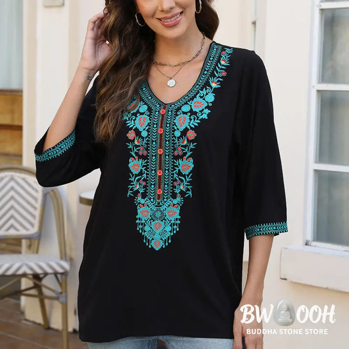 Buddha Stones Summer Casual Embroidery Flower Leaf Half Sleeve V-neck Cotton Women’s T-Shirt - Women’s T-Shirt