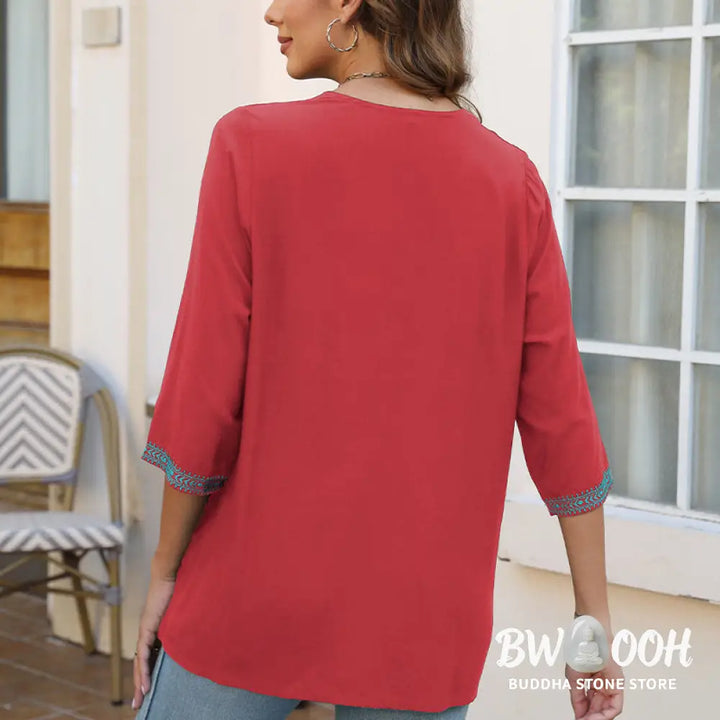 Buddha Stones Summer Casual Embroidery Flower Leaf Half Sleeve V-neck Cotton Women’s T-Shirt - Women’s T-Shirt