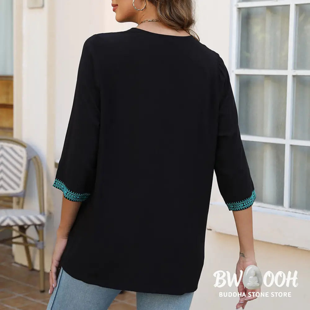 Buddha Stones Summer Casual Embroidery Flower Leaf Half Sleeve V-neck Cotton Women’s T-Shirt - Women’s T-Shirt