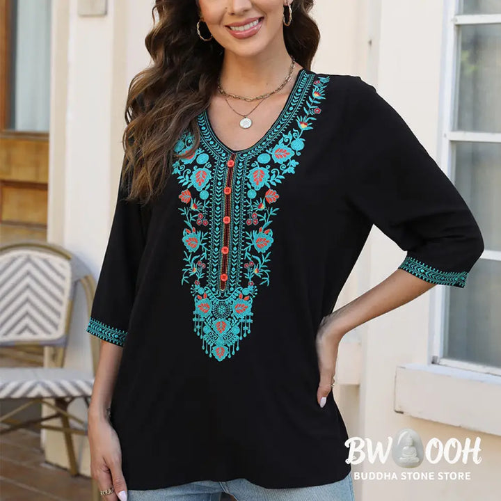 Buddha Stones Summer Casual Embroidery Flower Leaf Half Sleeve V-neck Cotton Women’s T-Shirt - Women’s T-Shirt