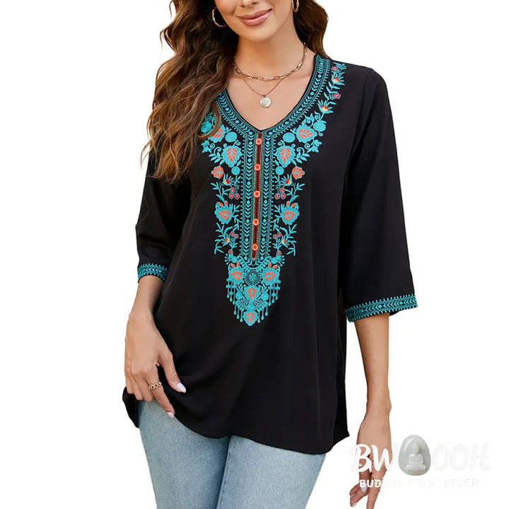 Buddha Stones Summer Casual Embroidery Flower Leaf Half Sleeve V-neck Cotton Women’s T-Shirt - Women’s T-Shirt