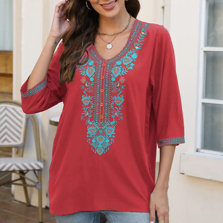 Buddha Stones Summer Casual Embroidery Flower Leaf Half Sleeve V-neck Cotton Women’s T-Shirt - Crimson