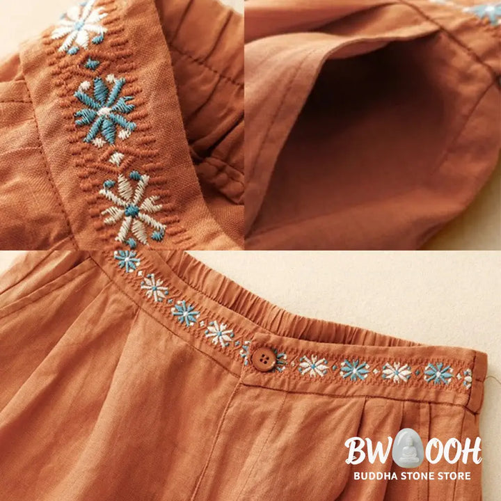 Buddha Stones Summer Casual Embroidery Flower Pleated Zipper Button Cotton Linen Women’s Shorts With Pockets - Women’s