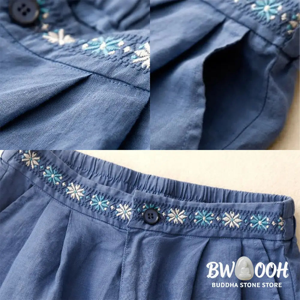 Buddha Stones Summer Casual Embroidery Flower Pleated Zipper Button Cotton Linen Women’s Shorts With Pockets - Women’s