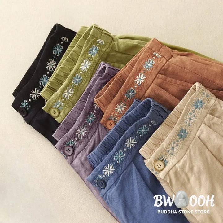 Buddha Stones Summer Casual Embroidery Flower Pleated Zipper Button Cotton Linen Women’s Shorts With Pockets - Women’s