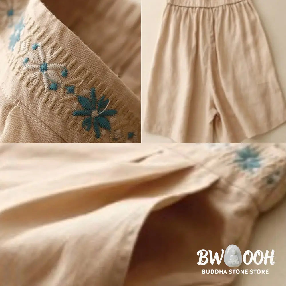 Buddha Stones Summer Casual Embroidery Flower Pleated Zipper Button Cotton Linen Women’s Shorts With Pockets - Women’s