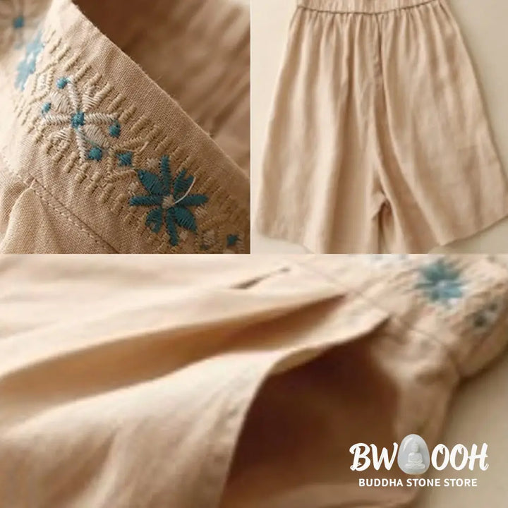 Buddha Stones Summer Casual Embroidery Flower Pleated Zipper Button Cotton Linen Women’s Shorts With Pockets - Women’s