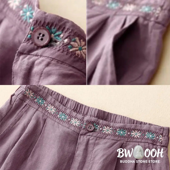 Buddha Stones Summer Casual Embroidery Flower Pleated Zipper Button Cotton Linen Women’s Shorts With Pockets - Women’s