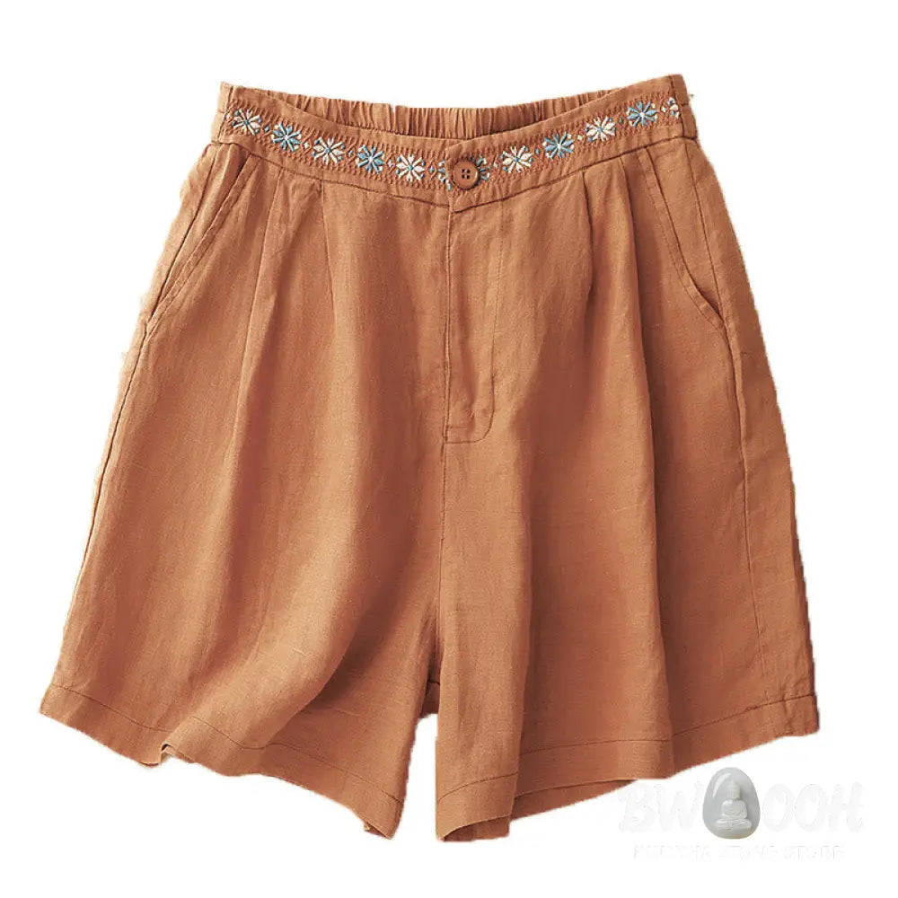 Buddha Stones Summer Casual Embroidery Flower Pleated Zipper Button Cotton Linen Women’s Shorts With Pockets - Women’s