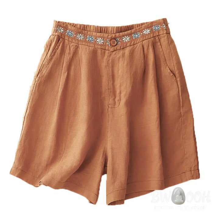 Buddha Stones Summer Casual Embroidery Flower Pleated Zipper Button Cotton Linen Women’s Shorts With Pockets - Women’s