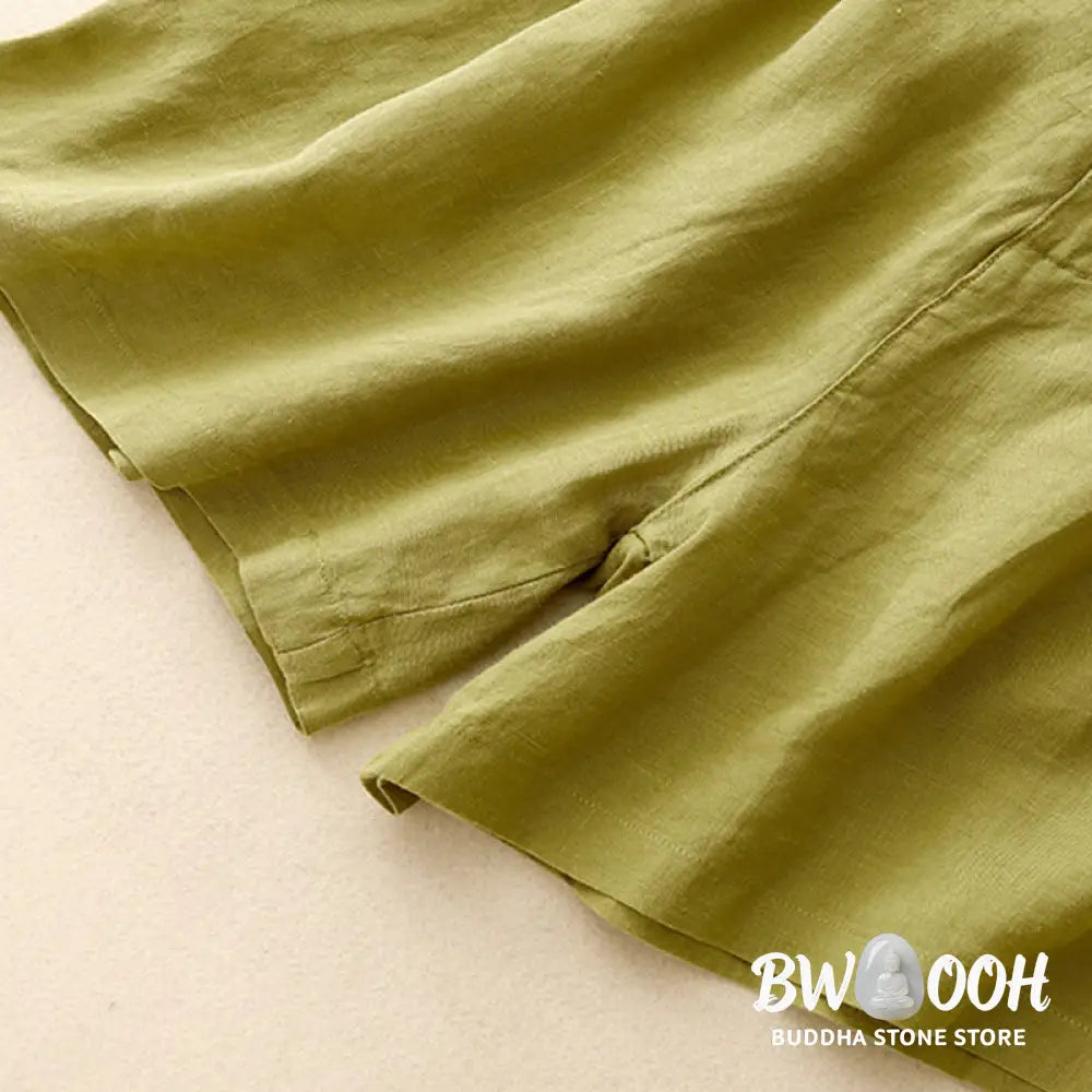 Buddha Stones Summer Casual Embroidery Flower Pleated Zipper Button Cotton Linen Women’s Shorts With Pockets - Women’s