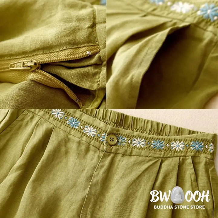 Buddha Stones Summer Casual Embroidery Flower Pleated Zipper Button Cotton Linen Women’s Shorts With Pockets - Women’s