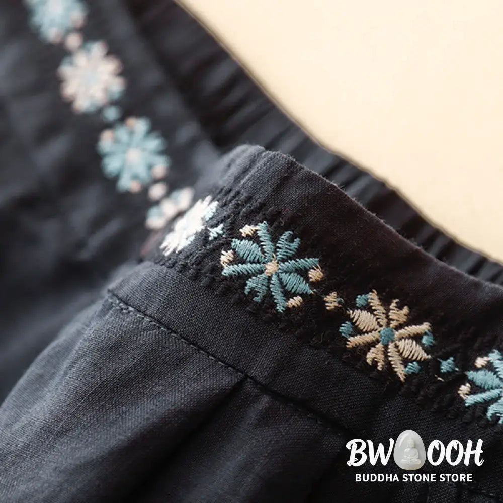 Buddha Stones Summer Casual Embroidery Flower Pleated Zipper Button Cotton Linen Women’s Shorts With Pockets - Women’s