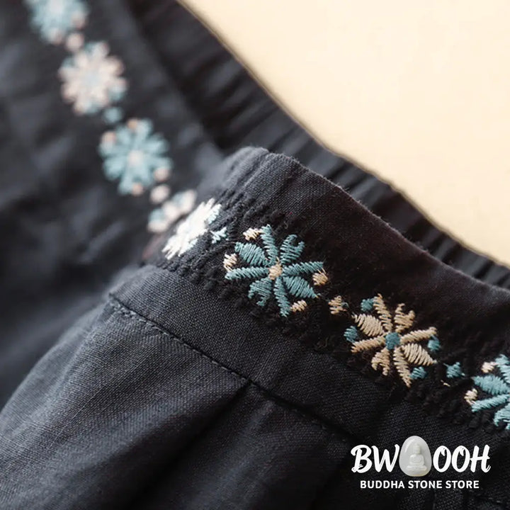 Buddha Stones Summer Casual Embroidery Flower Pleated Zipper Button Cotton Linen Women’s Shorts With Pockets - Women’s