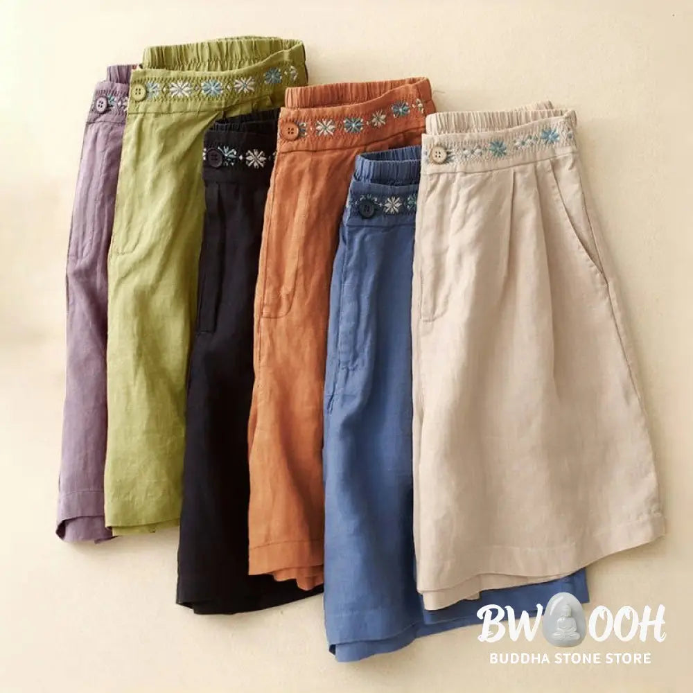 Buddha Stones Summer Casual Embroidery Flower Pleated Zipper Button Cotton Linen Women’s Shorts With Pockets - Women’s