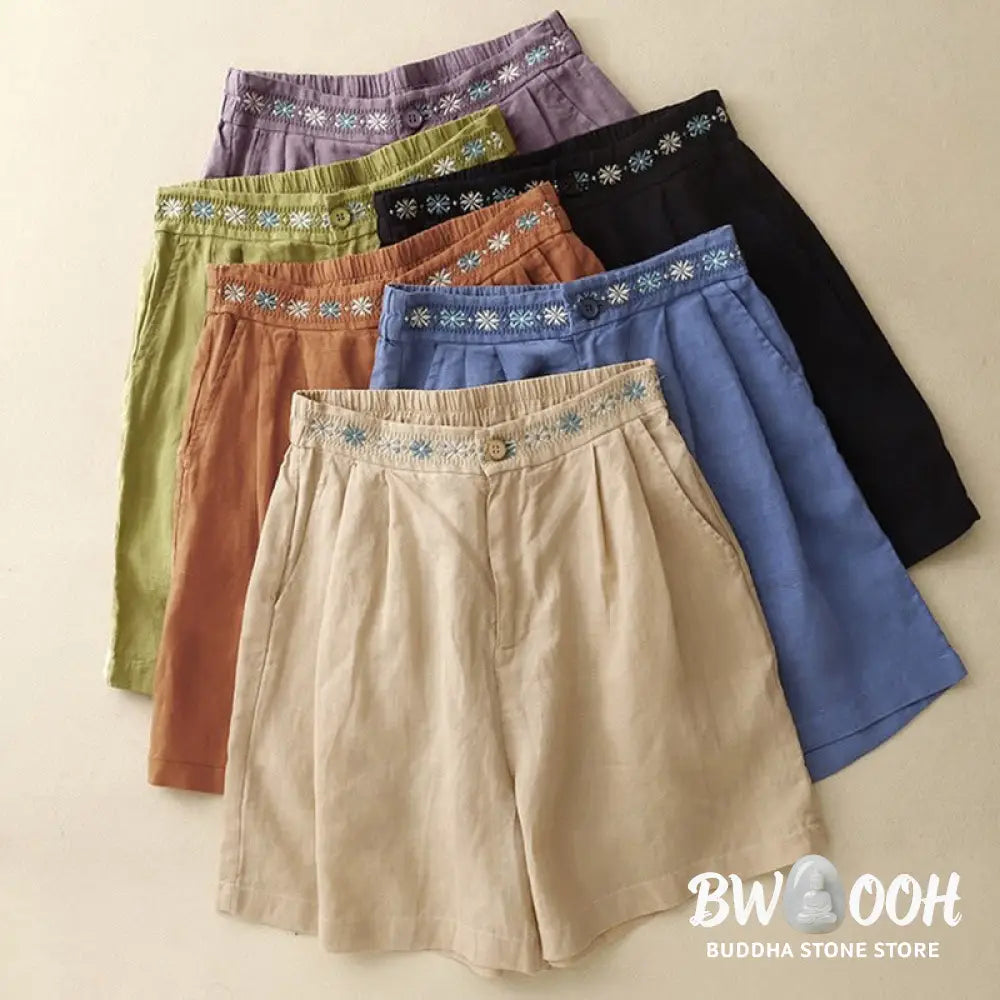 Buddha Stones Summer Casual Embroidery Flower Pleated Zipper Button Cotton Linen Women’s Shorts With Pockets - Women’s