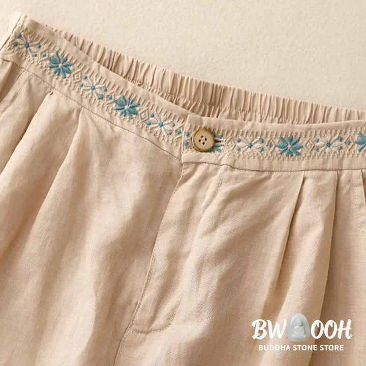 Buddha Stones Summer Casual Embroidery Flower Pleated Zipper Button Cotton Linen Women’s Shorts With Pockets - Women’s