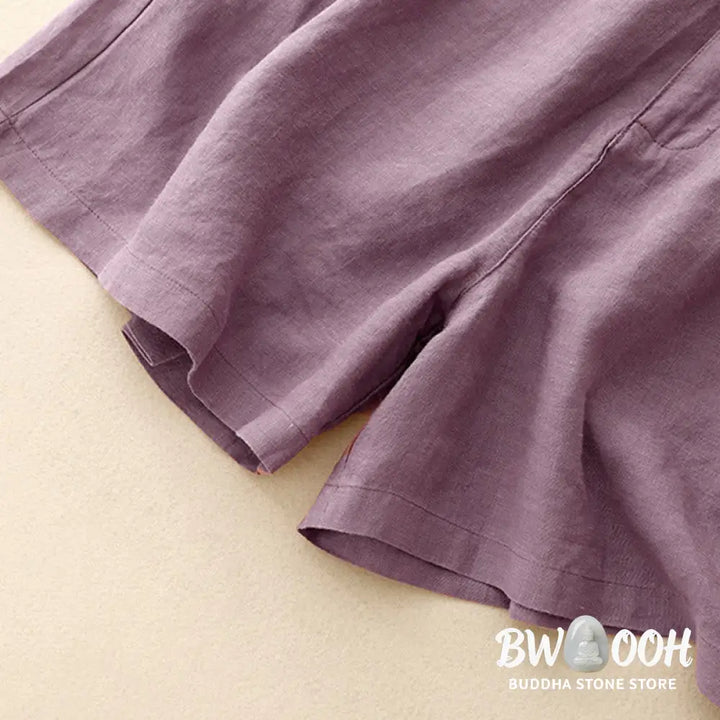 Buddha Stones Summer Casual Embroidery Flower Pleated Zipper Button Cotton Linen Women’s Shorts With Pockets - Women’s