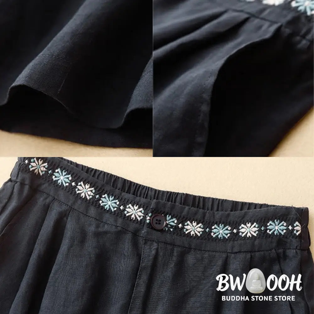Buddha Stones Summer Casual Embroidery Flower Pleated Zipper Button Cotton Linen Women’s Shorts With Pockets - Women’s