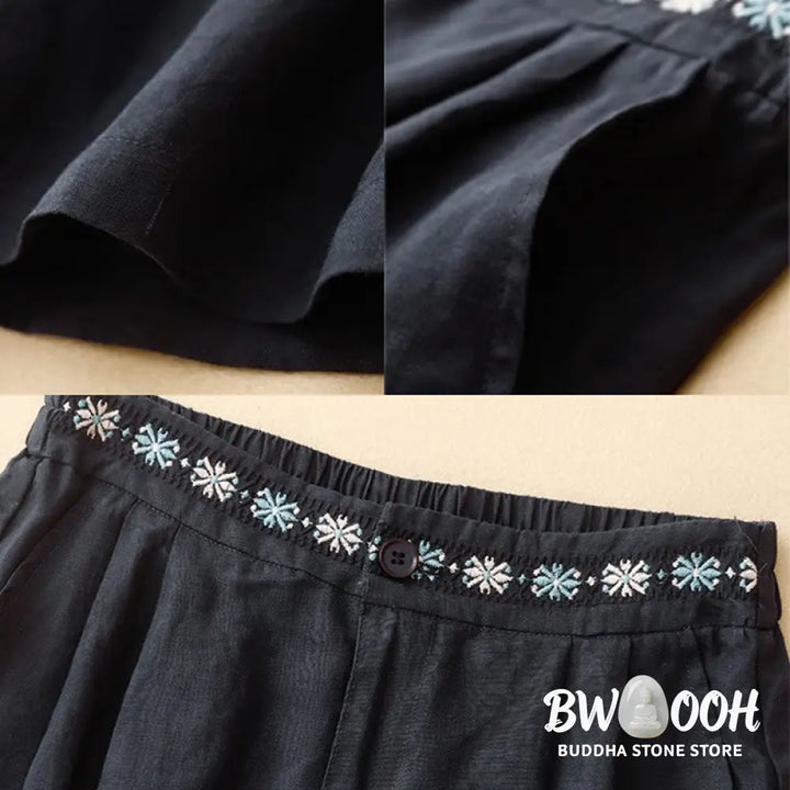 Buddha Stones Summer Casual Embroidery Flower Pleated Zipper Button Cotton Linen Women’s Shorts With Pockets - Women’s