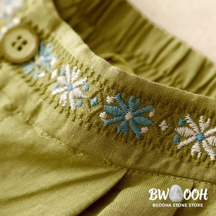 Buddha Stones Summer Casual Embroidery Flower Pleated Zipper Button Cotton Linen Women’s Shorts With Pockets - Women’s