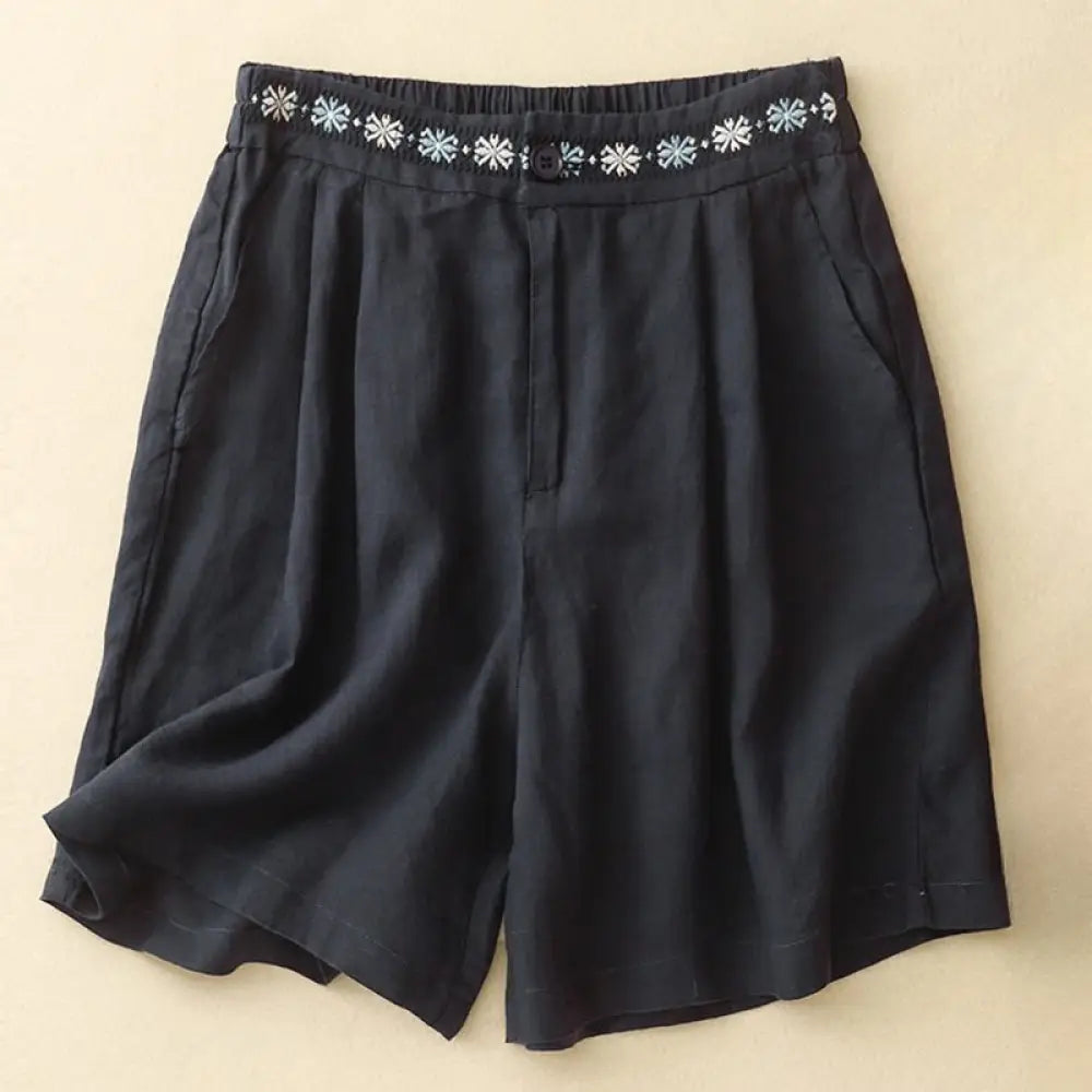 Buddha Stones Summer Casual Embroidery Flower Pleated Zipper Button Cotton Linen Women’s Shorts With Pockets - Black