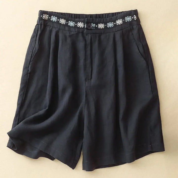 Buddha Stones Summer Casual Embroidery Flower Pleated Zipper Button Cotton Linen Women’s Shorts With Pockets - Black