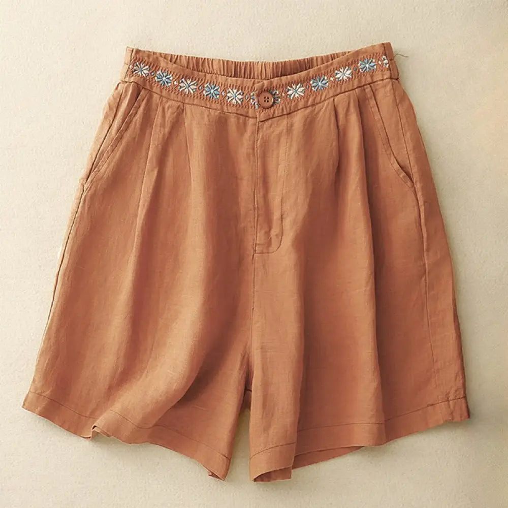 Buddha Stones Summer Casual Embroidery Flower Pleated Zipper Button Cotton Linen Women’s Shorts With Pockets - Coral