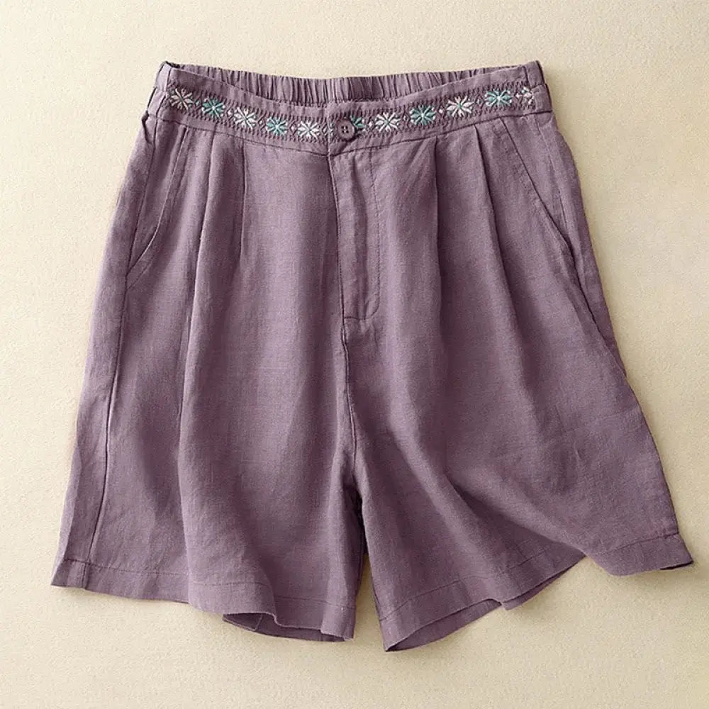 Buddha Stones Summer Casual Embroidery Flower Pleated Zipper Button Cotton Linen Women’s Shorts With Pockets