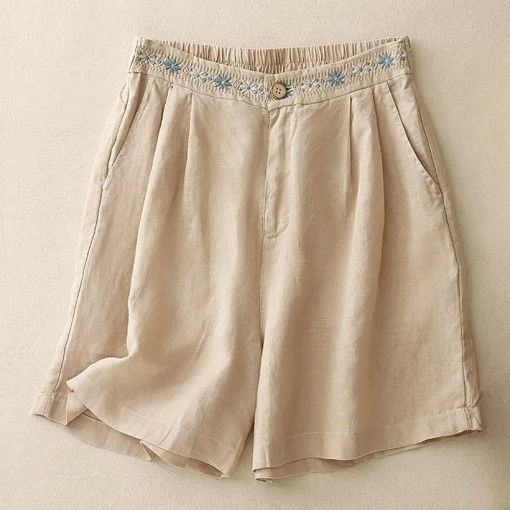 Buddha Stones Summer Casual Embroidery Flower Pleated Zipper Button Cotton Linen Women’s Shorts With Pockets - Wheat