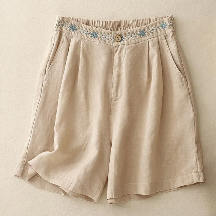 Buddha Stones Summer Casual Embroidery Flower Pleated Zipper Button Cotton Linen Women’s Shorts With Pockets - Wheat
