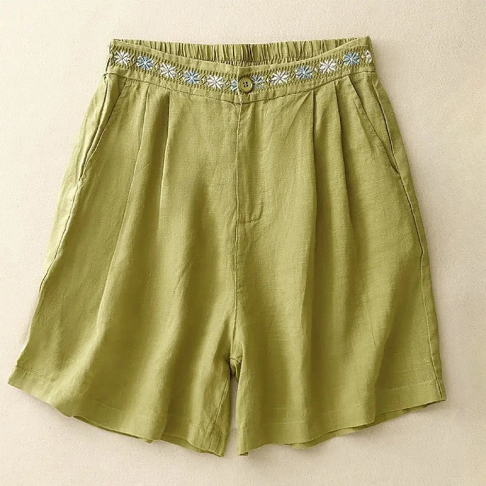 Buddha Stones Summer Casual Embroidery Flower Pleated Zipper Button Cotton Linen Women’s Shorts With Pockets