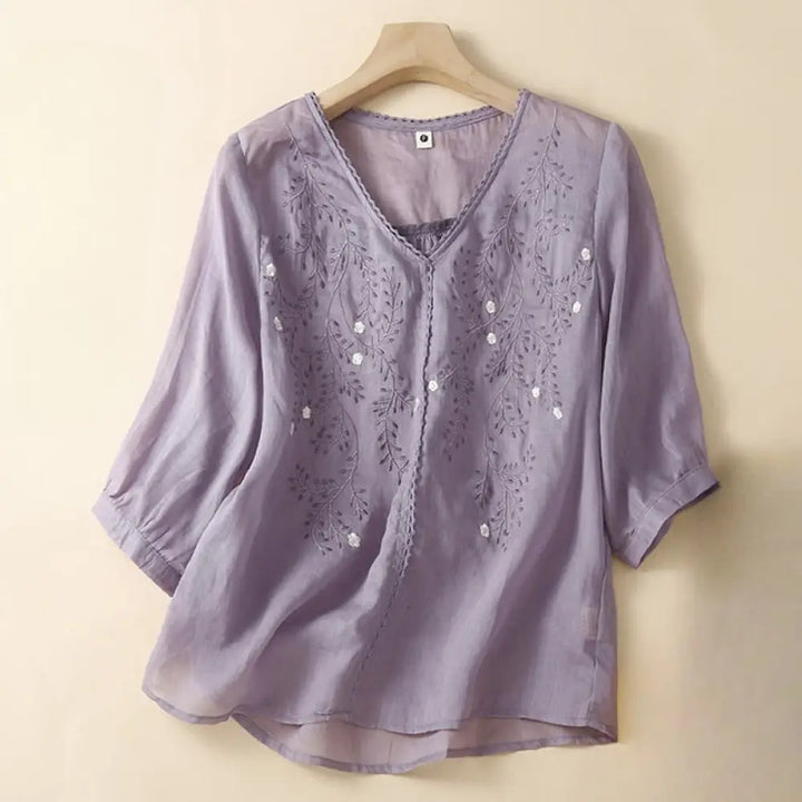 Buddha Stones Summer Casual Flower Branches Embroidered Pattern V-Neck Half Sleeve Cotton Linen Women’s T-shirt