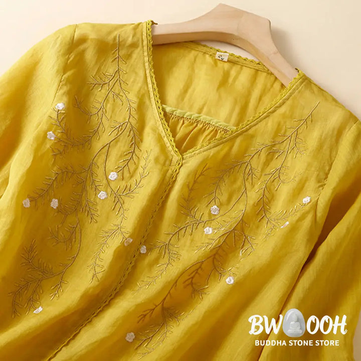 Buddha Stones Summer Casual Flower Branches Embroidered Pattern V-Neck Half Sleeve Cotton Linen Women’s T-shirt