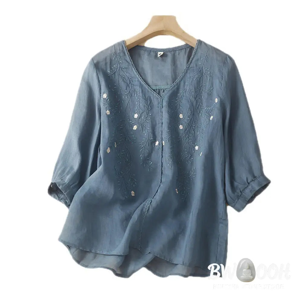 Buddha Stones Summer Casual Flower Branches Embroidered Pattern V-Neck Half Sleeve Cotton Linen Women’s T-shirt