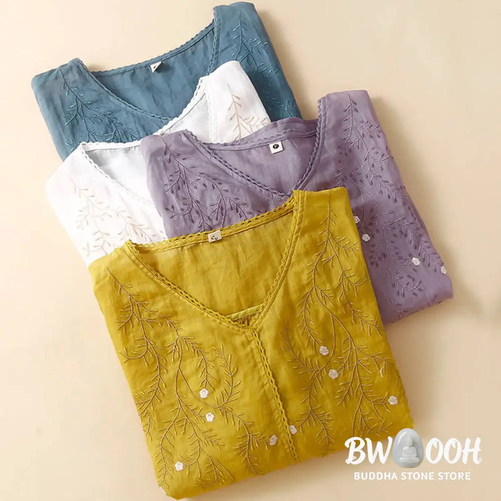 Buddha Stones Summer Casual Flower Branches Embroidered Pattern V-Neck Half Sleeve Cotton Linen Women’s T-shirt