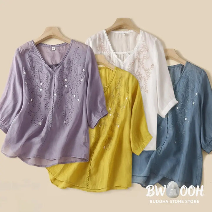 Buddha Stones Summer Casual Flower Branches Embroidered Pattern V-Neck Half Sleeve Cotton Linen Women’s T-shirt