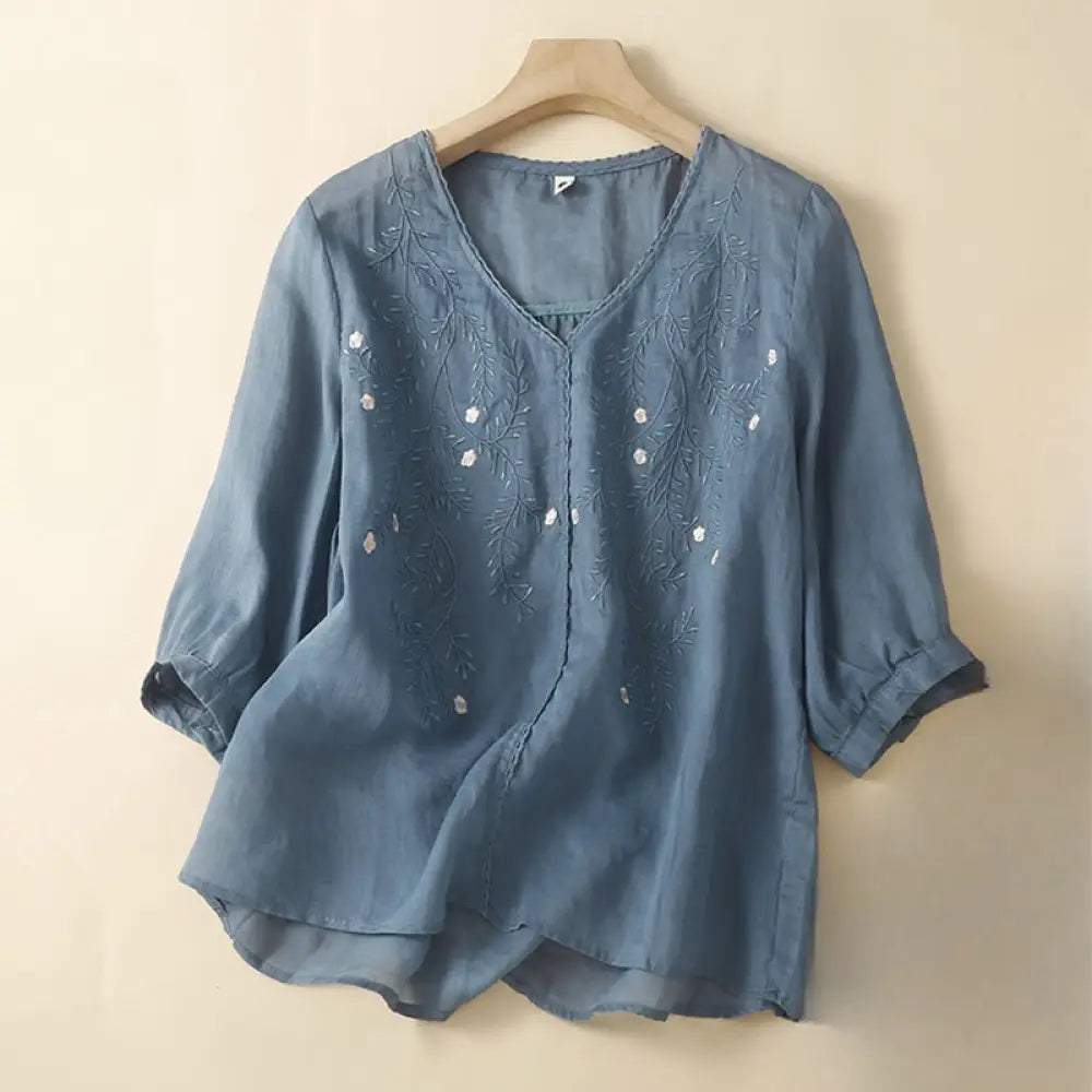 Buddha Stones Summer Casual Flower Branches Embroidered Pattern V-Neck Half Sleeve Cotton Linen Women’s T-shirt