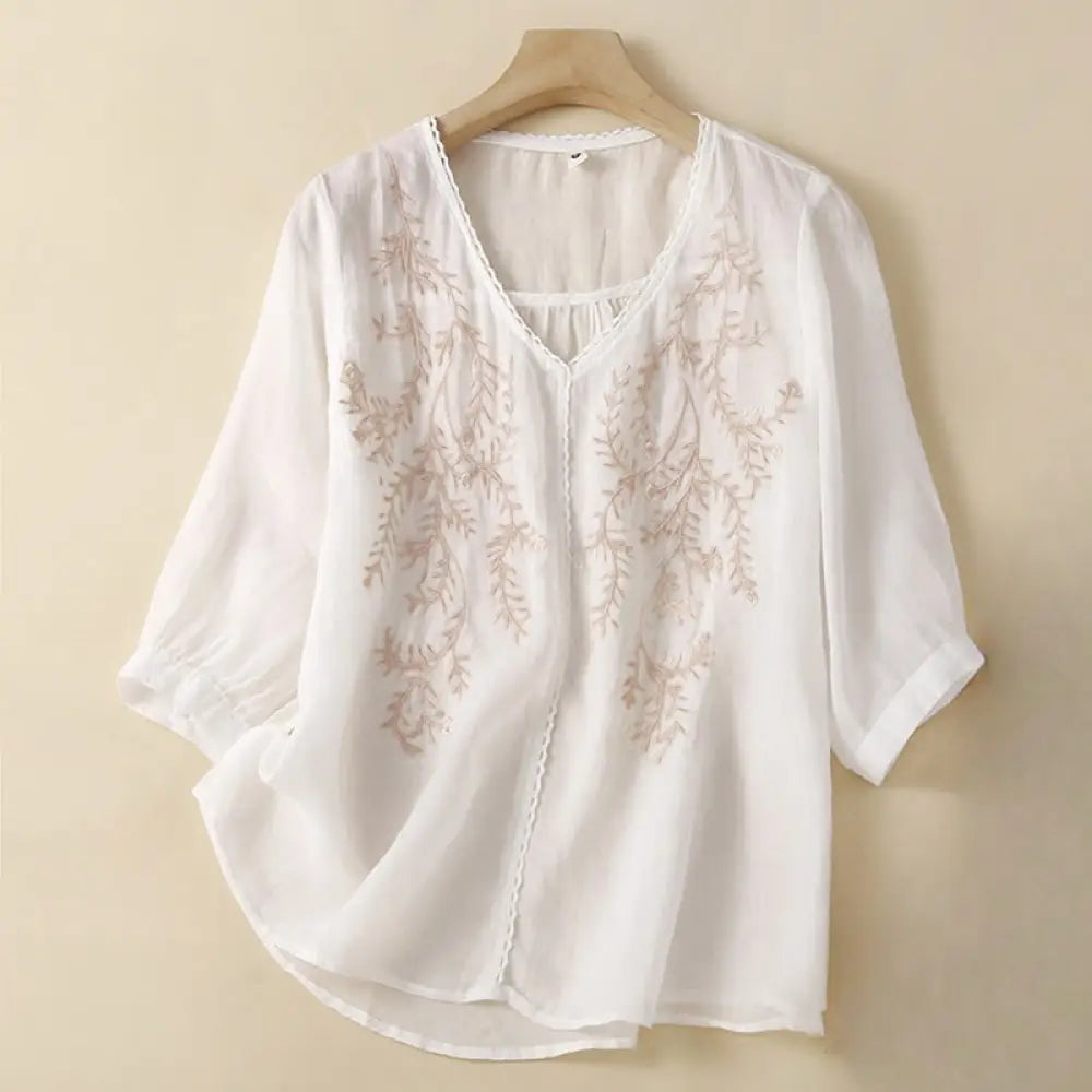 Buddha Stones Summer Casual Flower Branches Embroidered Pattern V-Neck Half Sleeve Cotton Linen Women’s T-shirt - White