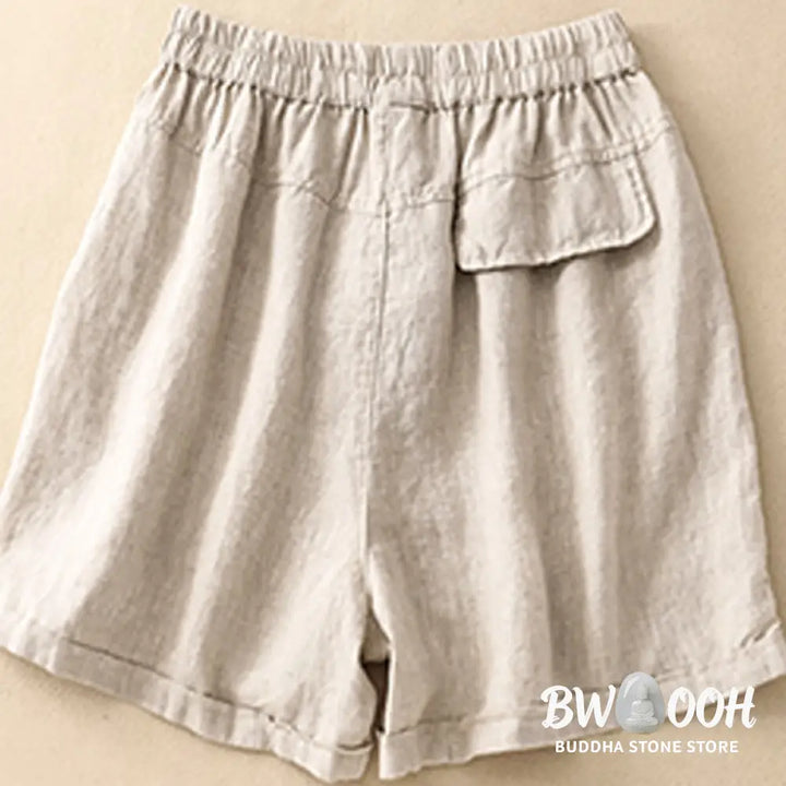 Buddha Stones Summer Casual Plain Cotton Linen Women’s Elasti Straight Shorts With Pockets - Women’s Shorts