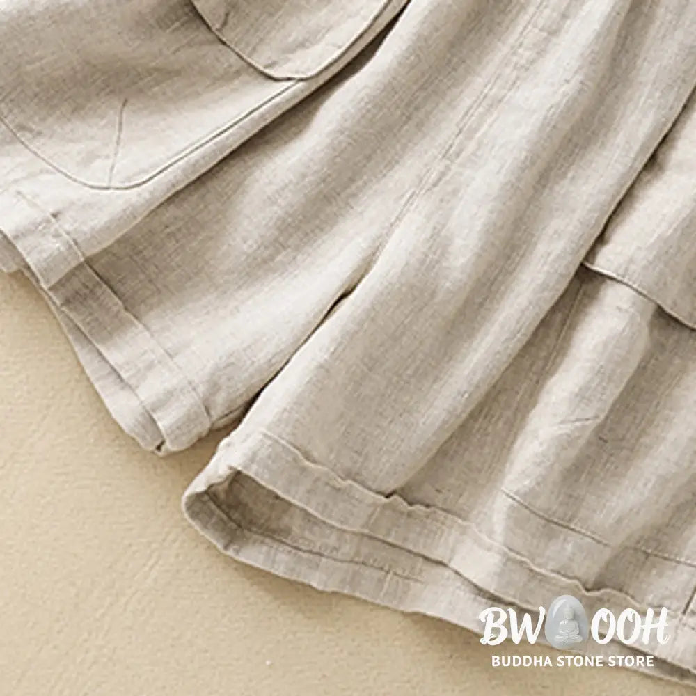 Buddha Stones Summer Casual Plain Cotton Linen Women’s Elasti Straight Shorts With Pockets - Women’s Shorts