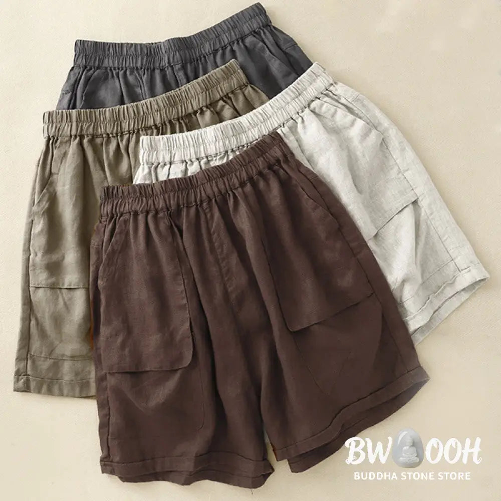 Buddha Stones Summer Casual Plain Cotton Linen Women’s Elasti Straight Shorts With Pockets - Women’s Shorts