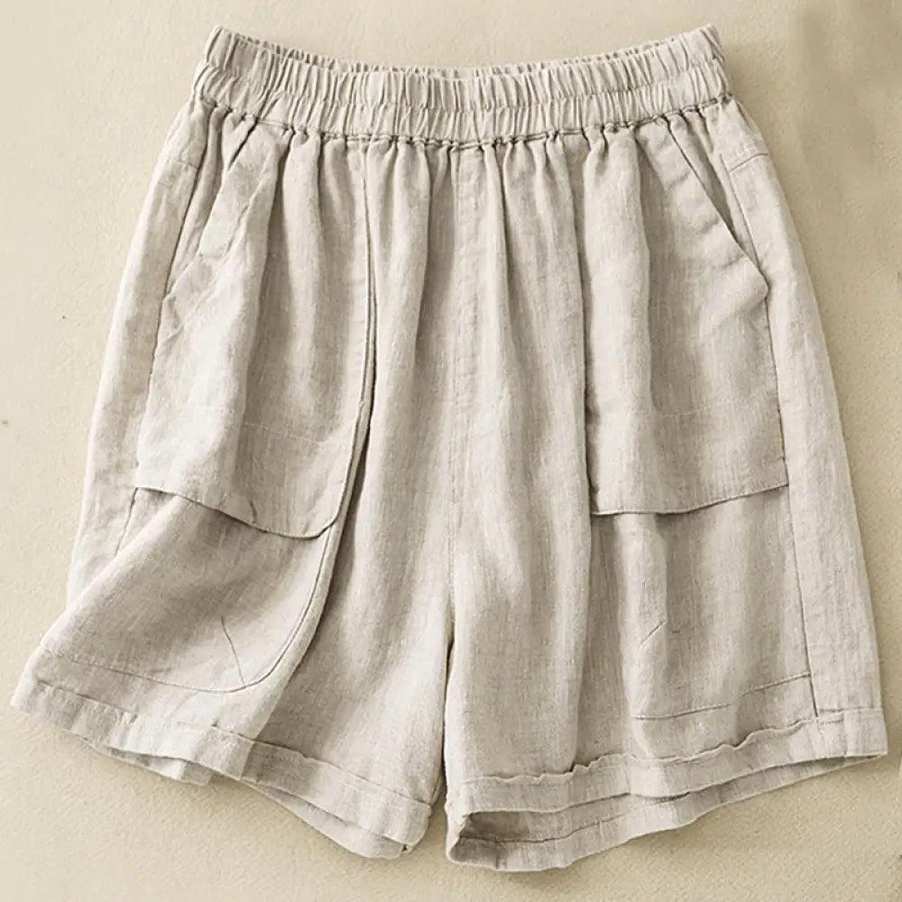 Buddha Stones Summer Casual Plain Cotton Linen Women’s Elasti Straight Shorts With Pockets - Beige / US4，UK/AU8，EU36