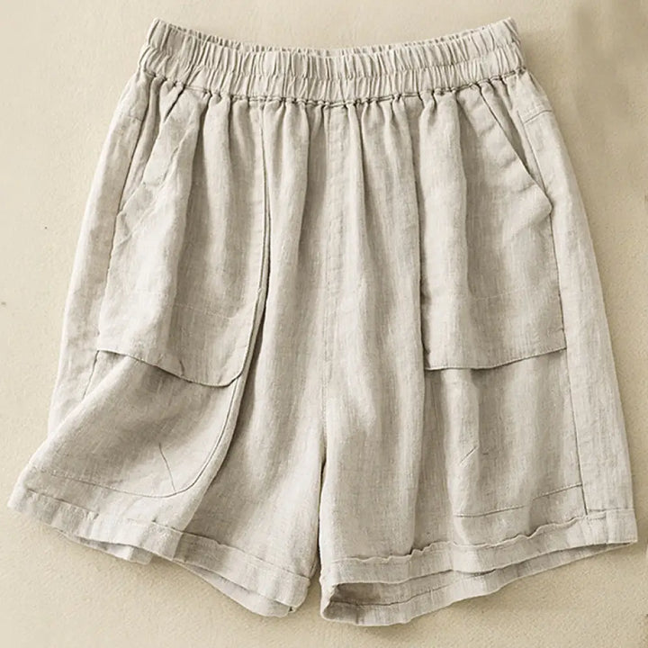Buddha Stones Summer Casual Plain Cotton Linen Women’s Elasti Straight Shorts With Pockets - Beige / US4，UK/AU8，EU36