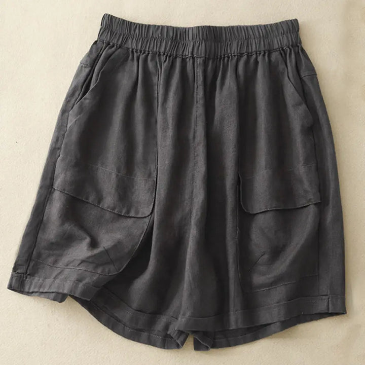 Buddha Stones Summer Casual Plain Cotton Linen Women’s Elasti Straight Shorts With Pockets - DimGray / US4，UK/AU8，EU36
