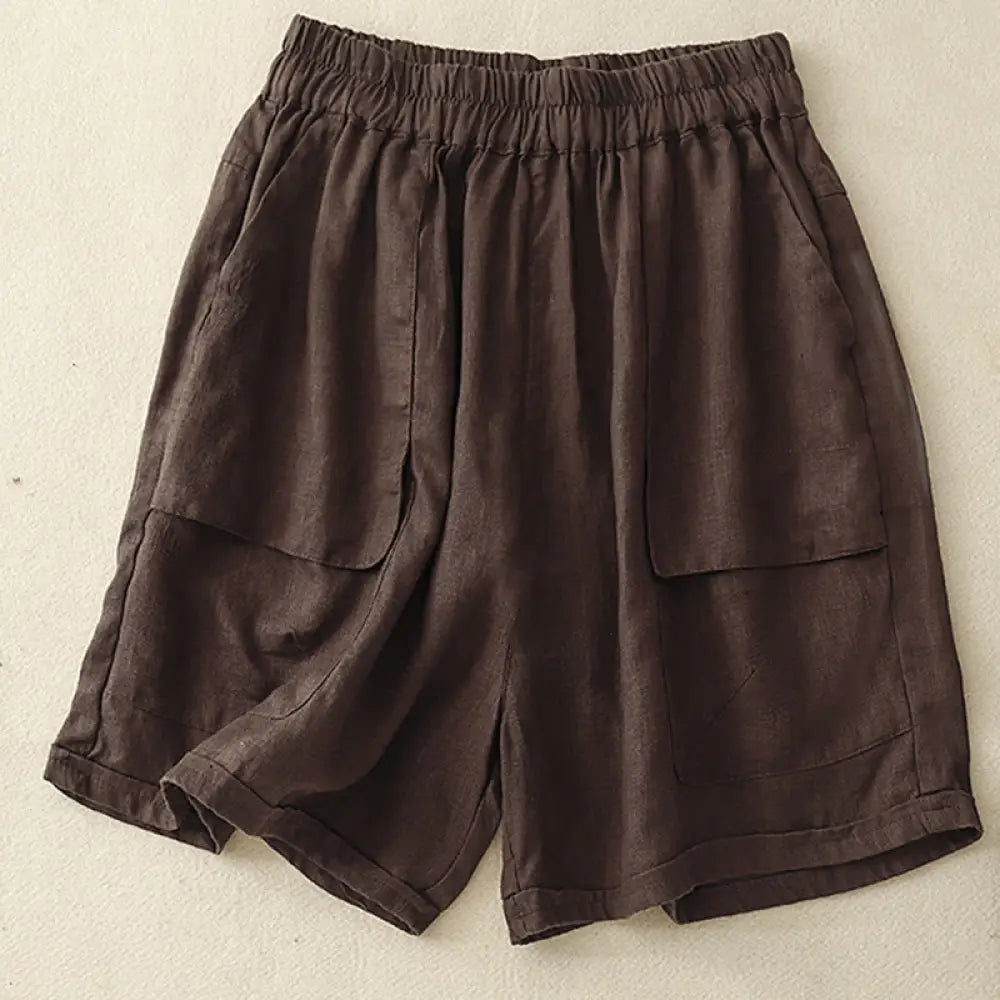 Buddha Stones Summer Casual Plain Cotton Linen Women’s Elasti Straight Shorts With Pockets - SaddleBrown