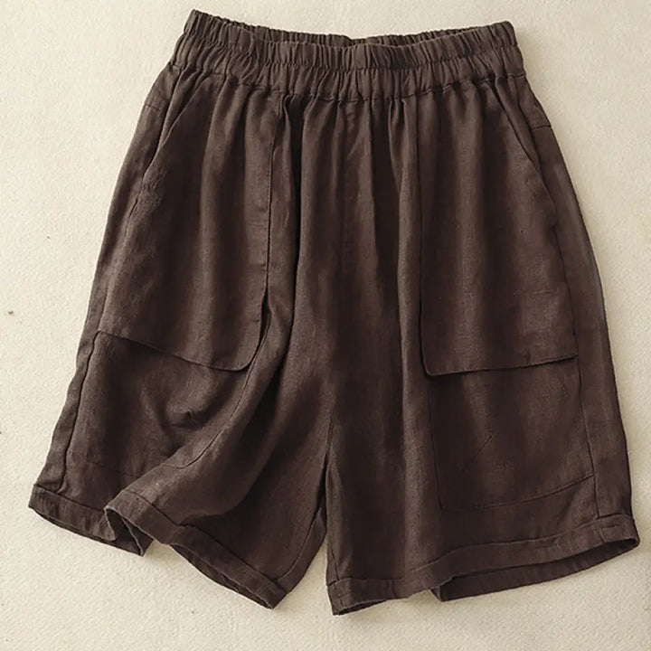 Buddha Stones Summer Casual Plain Cotton Linen Women’s Elasti Straight Shorts With Pockets - SaddleBrown