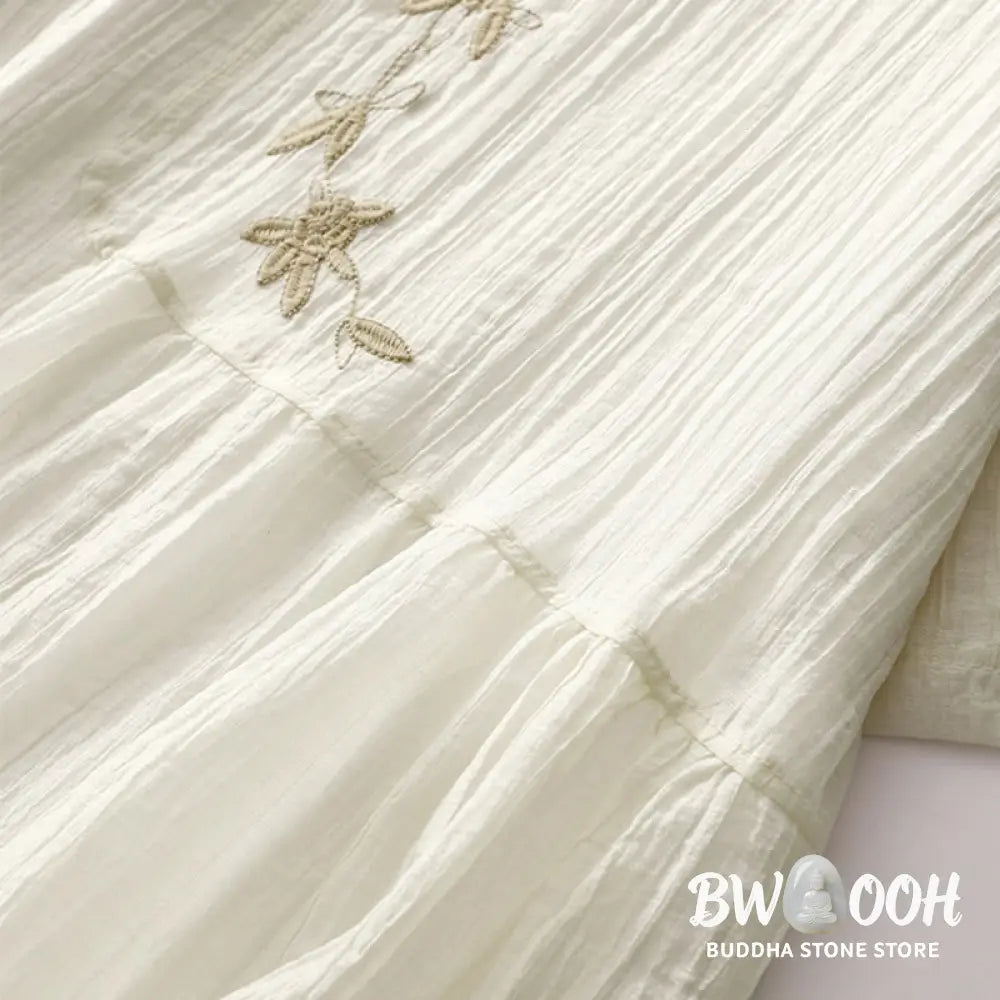 Buddha Stones Summer Casual Plain Embroidery Double Layer Short Sleeve Cotton Linen Midi Dress - Midi Dress